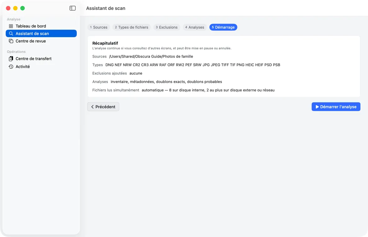 Étape 5 : le récapitulatif avant « Démarrer l’analyse ».