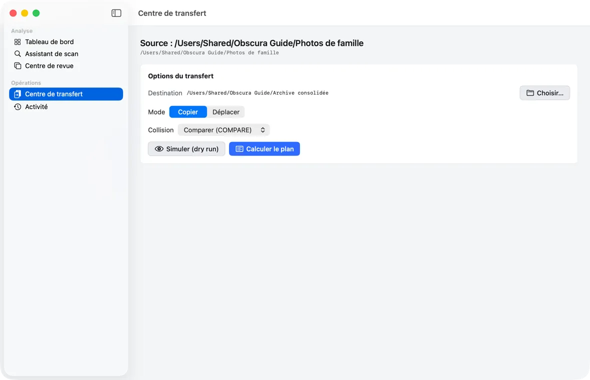 La carte « Options du transfert » : destination choisie, mode, stratégie de collision, simulation ou plan réel.
