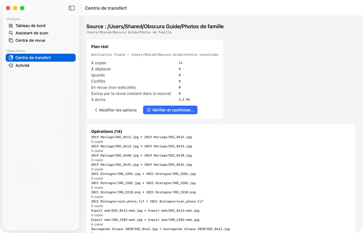 Le plan réel : les comptes par catégorie, puis la liste des opérations, chemin source → chemin de destination.