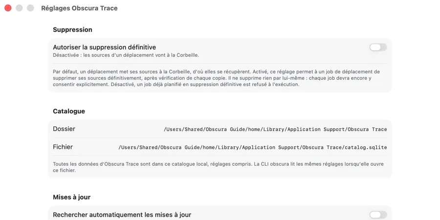 La fenêtre des Réglages : sections « Suppression » et « Catalogue » ; « Mises à jour » suit plus bas.